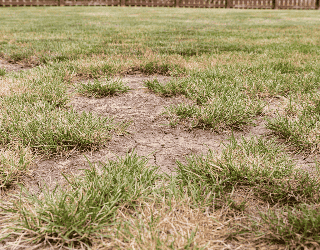Close-up of a lawn after core aeration, showing small plugs and patchy bare spots where soil cores were removed to improve water and air penetration.