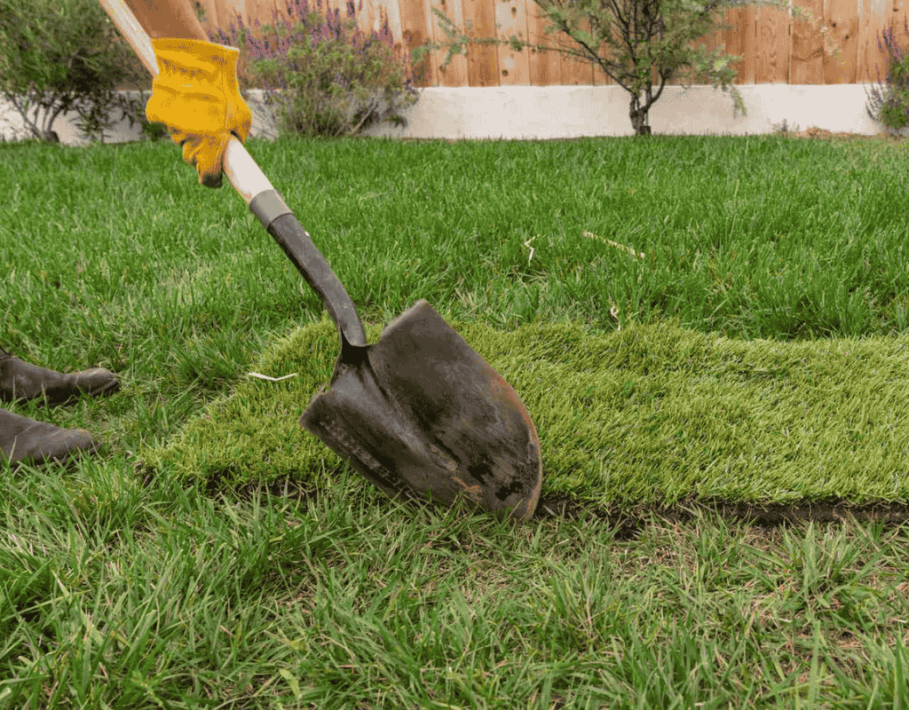 Technician’s gloved hand using a shovel to cut and place fresh turf sod into a bare lawn area as part of a repair program.