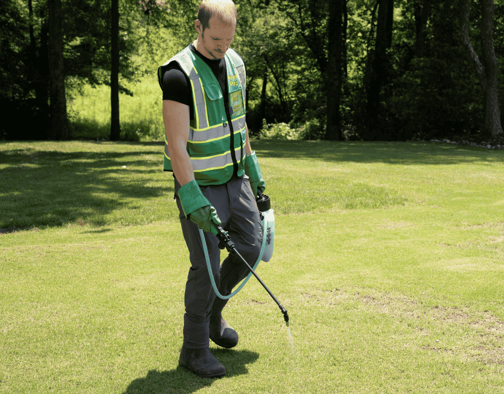 Technician wearing a WeedPro vest and gloves, using a pump sprayer to apply weed control solution across a lawn.