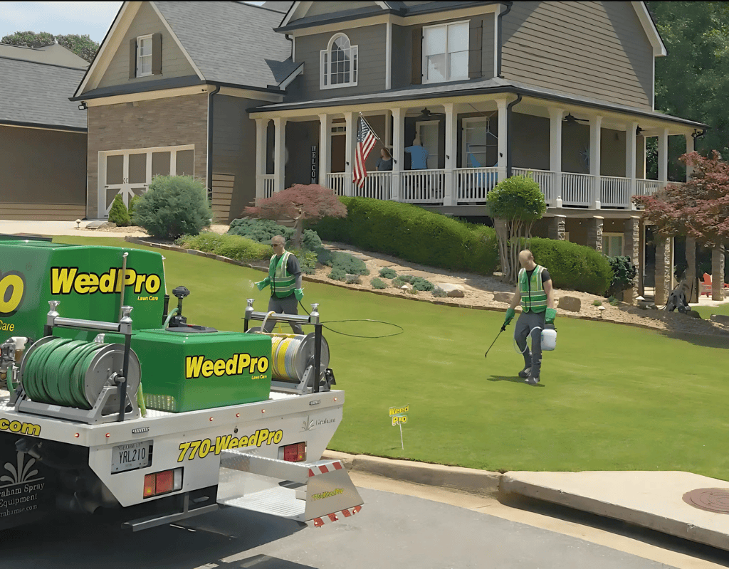 WeedPro team performing full-service lawn care treatments on a residential property in Atlanta, GA.