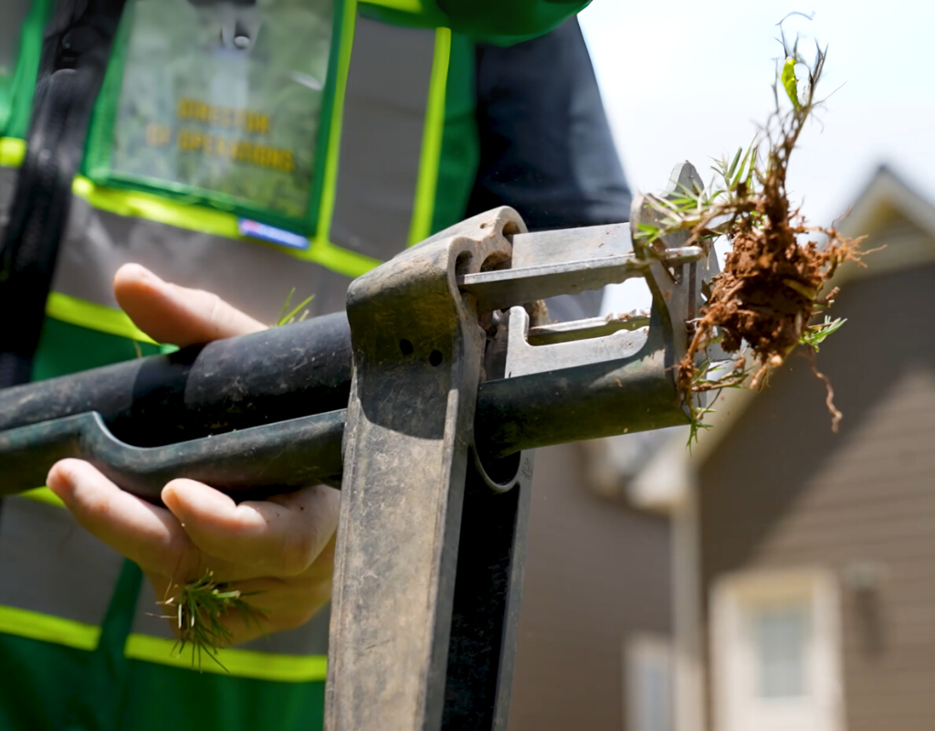 Close-up of a technician’s tool removing deep weed roots from turf in Atlanta, GA as part of WeedPro’s Weed Eliminator Program.