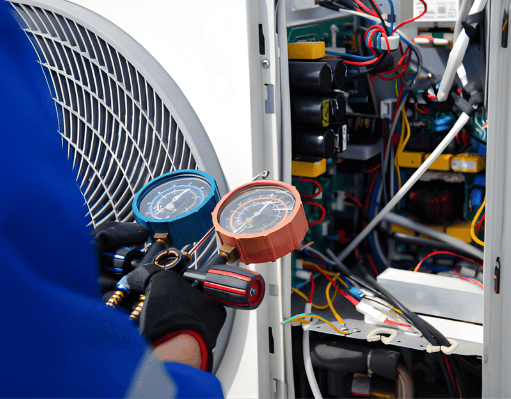 technician checking refrigerant levels and electrical components in HVAC system in Columbia MO